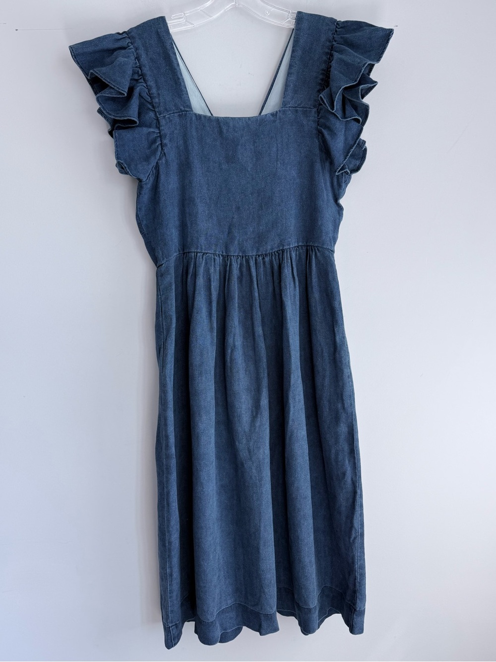 SEA New York Linen Midi Dress Blue Chambray Ruffle Button Front Cottagecore Boho - Picture 9 of 15
